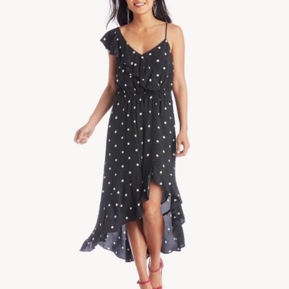 1. State Ruffled Polka Dot High Low Dress One Shoulder Midi Party Cocktail Small
